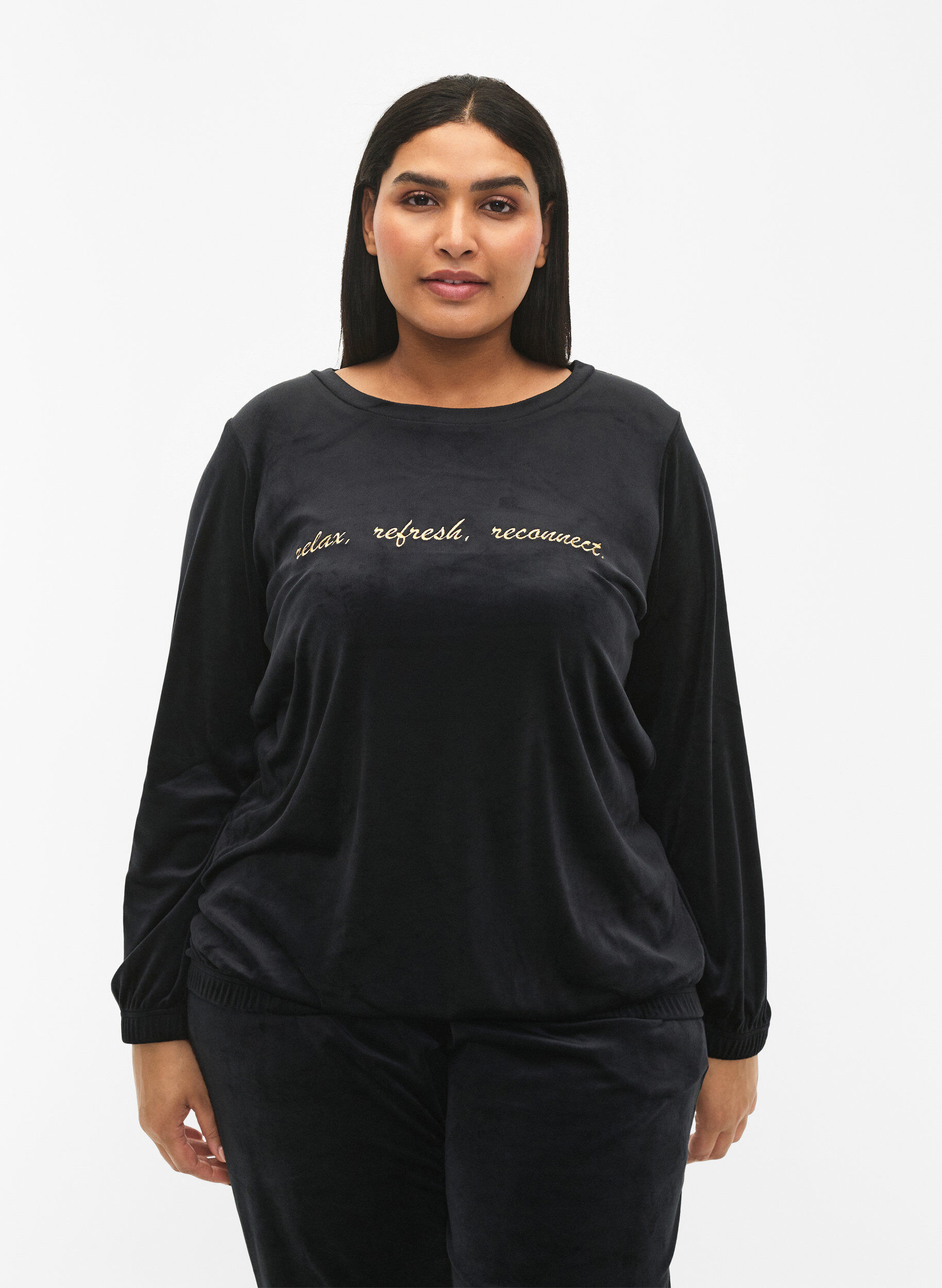 Zizzi Blus i velour med broderad text, Black, Model image number 0