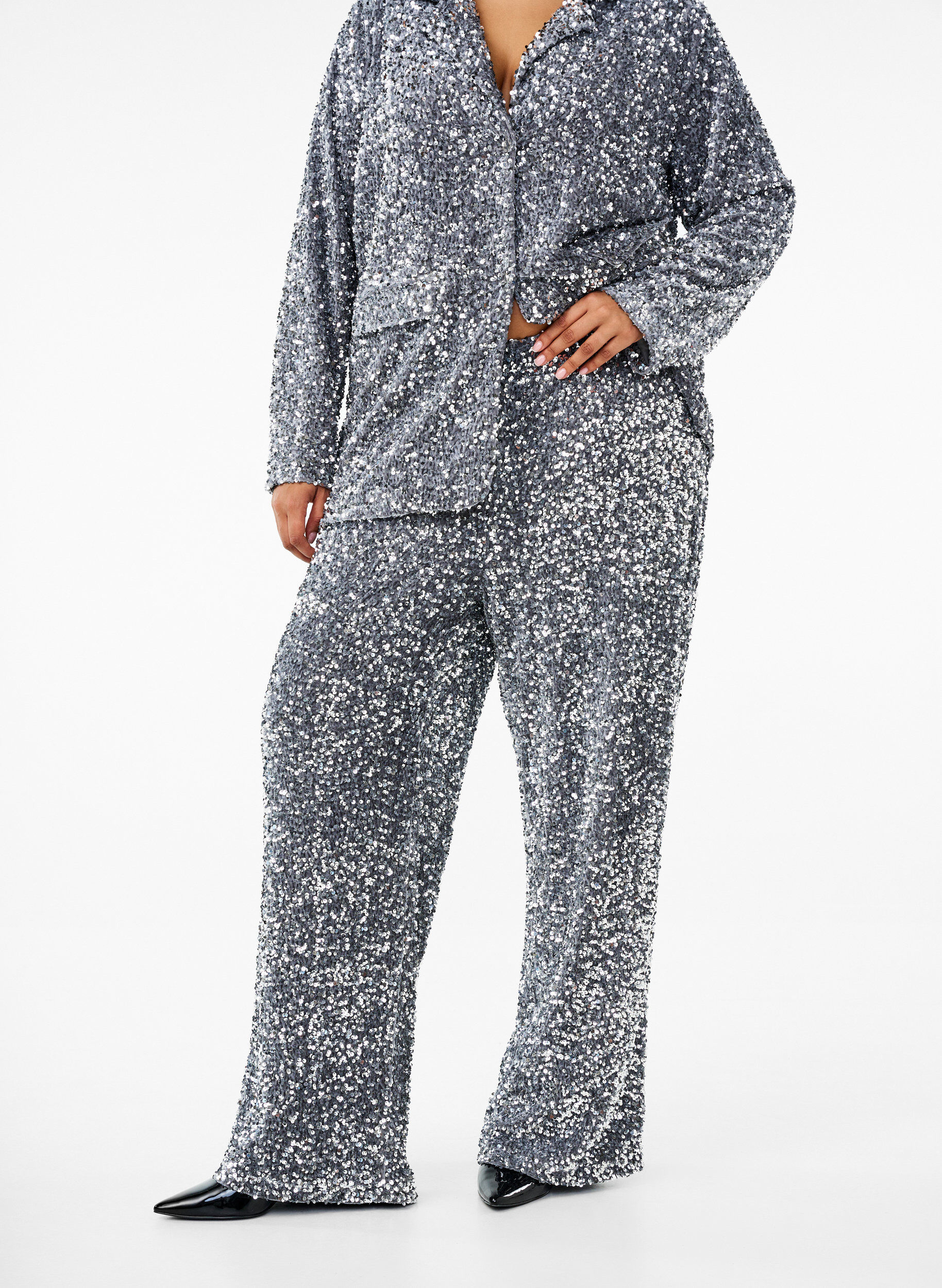 Zizzi L&ouml;s paljettbyxa med h&ouml;g midja, Silver, Model image number 2