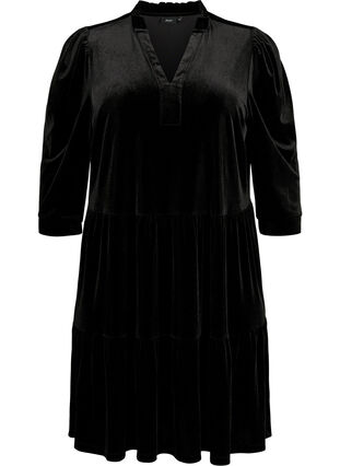 Klänning i velour med volangkrage och 3/4-ärmar, Black, Packshot image number 0