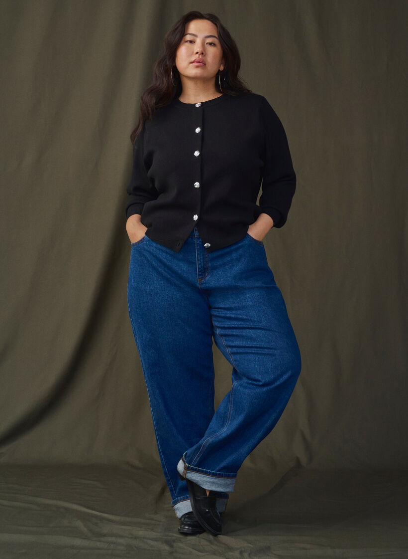 Stickad kofta med dekorativa knappar, Black, Image image number 0