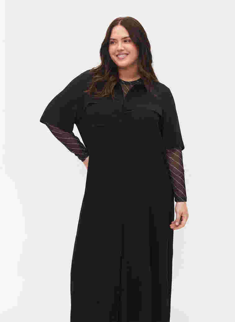 Kortärmad skjortklänning i viskos, Black, Model image number 2