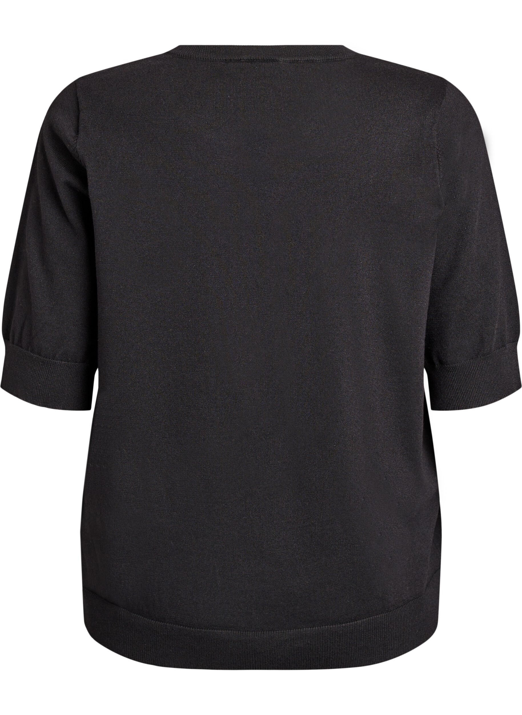 ZizziFinstickad blus med korta &auml;rmar, Svart, Packshot image number 1