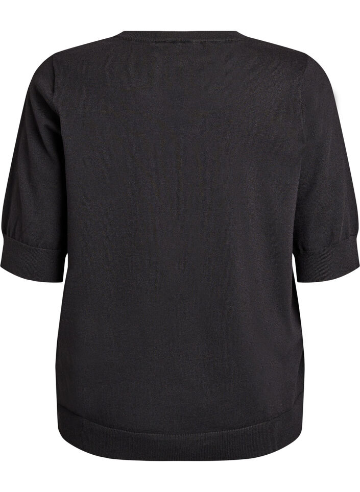 Finstickad blus med korta &auml;rmar, Svart, Packshot image number 1