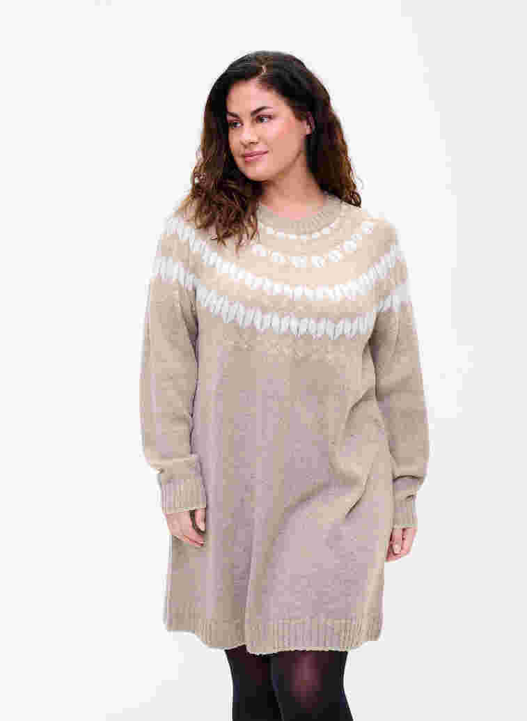 Stickad klänning med ull och mönster, Simply Taupe Comb, Model