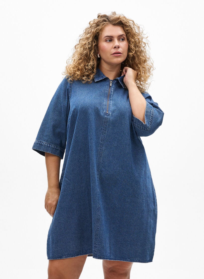 Kort denimkl&auml;nning med dragkedja och trekvarts&auml;rmar, Bl&aring;, Model image number 0