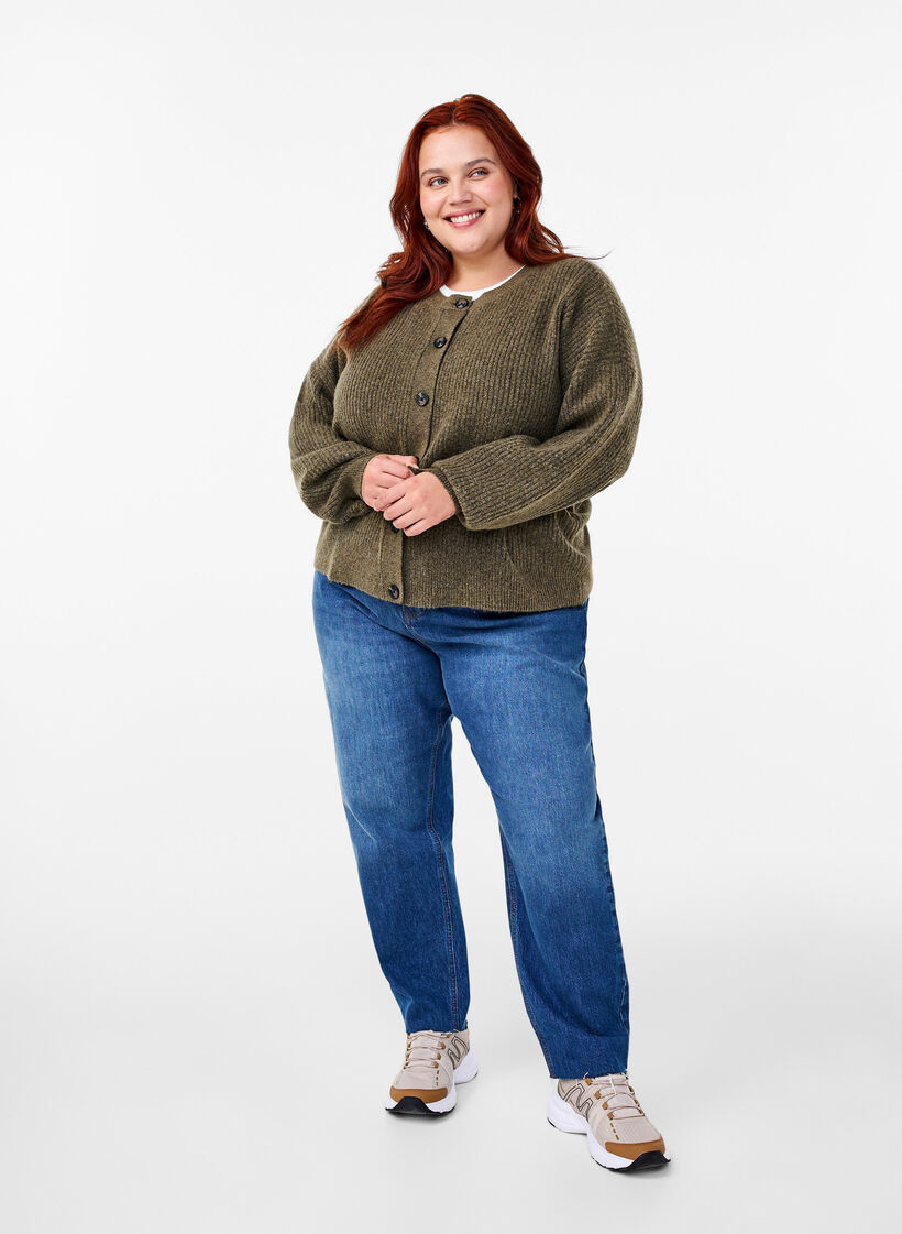 Ribbstickad kofta med knappar, Grön, Model image number 1