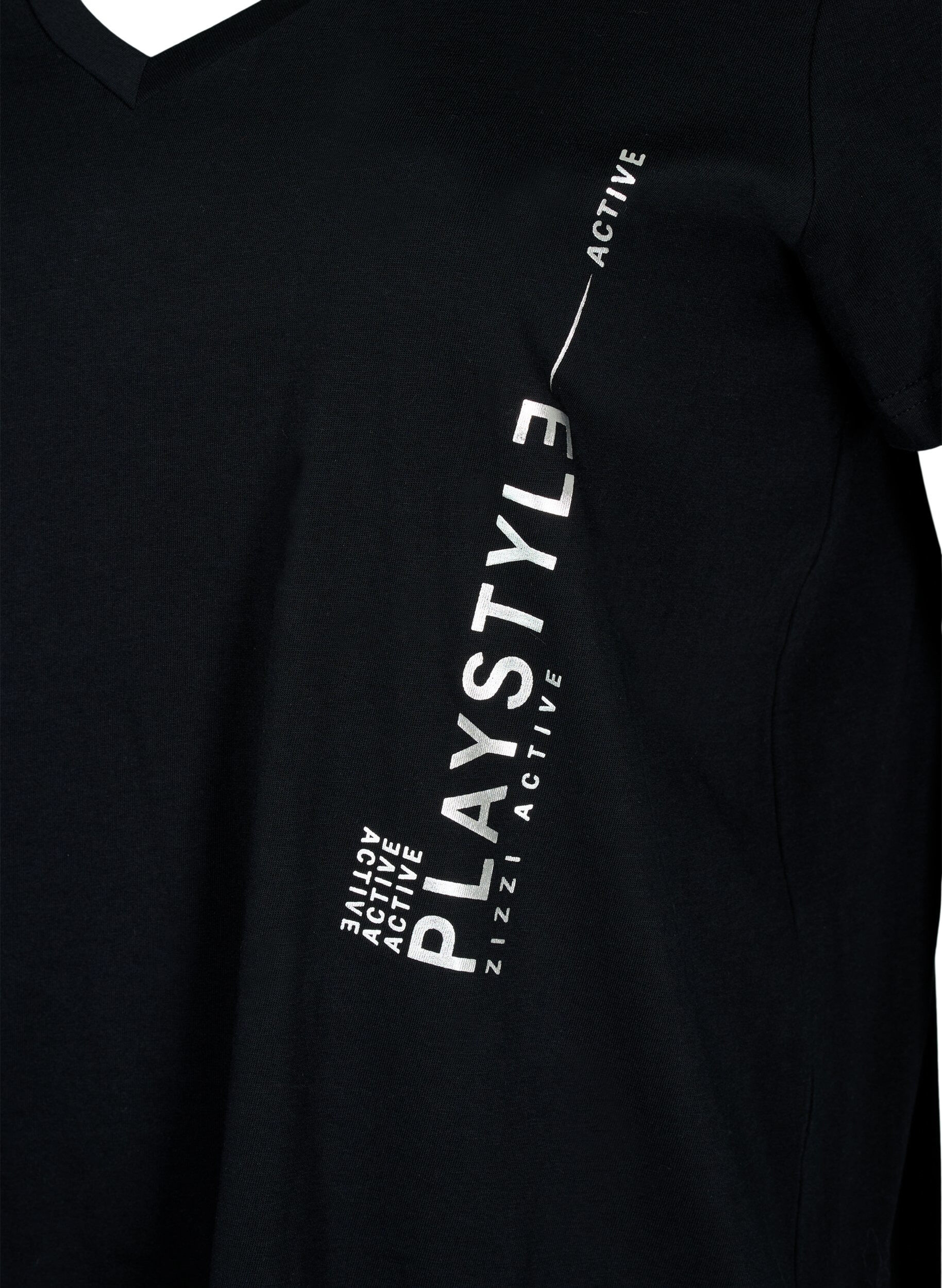 Zizzi Tr&auml;nings t-shirt i bomull med tryck, Black w. Playstyle, Packshot image number 2