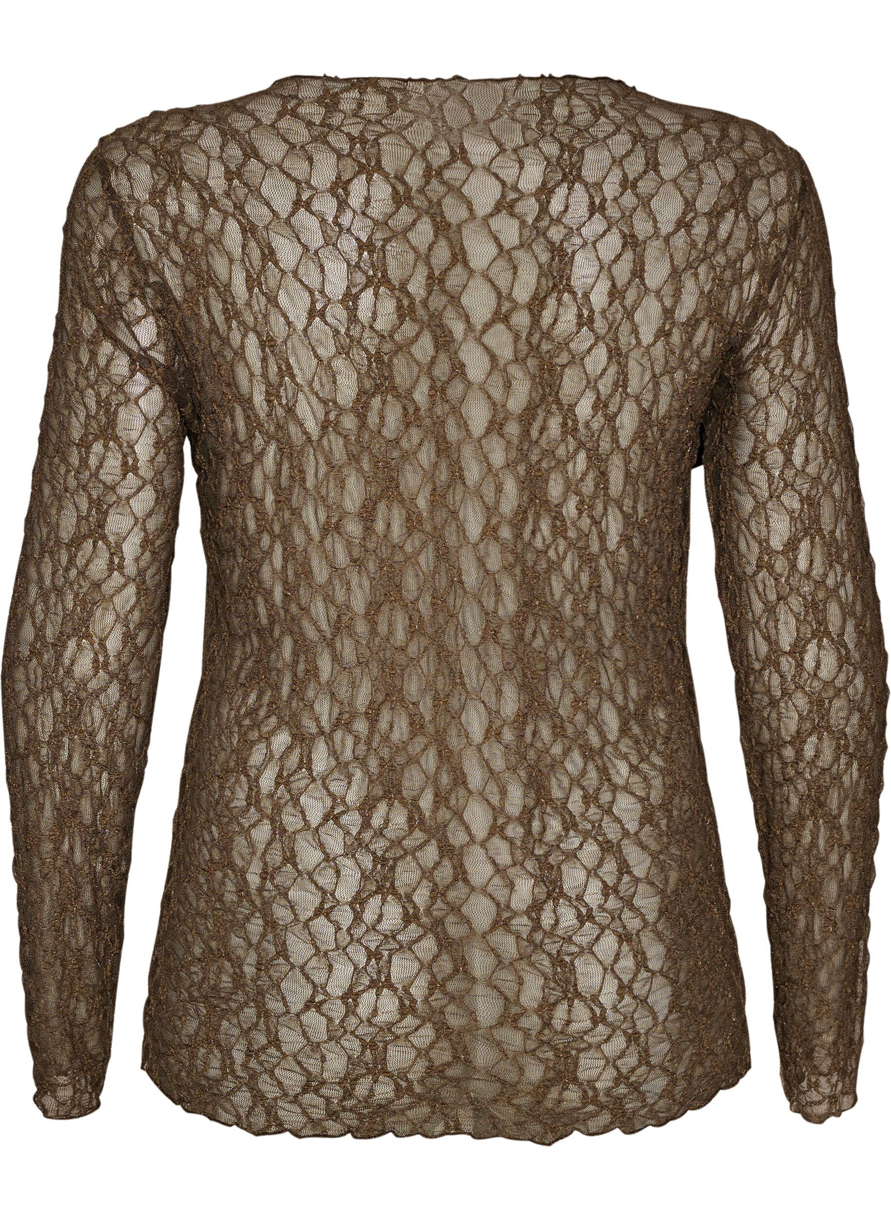ZizziBlus i mesh med m&ouml;nster och glittertr&aring;d, Brun, Packshot image number 1