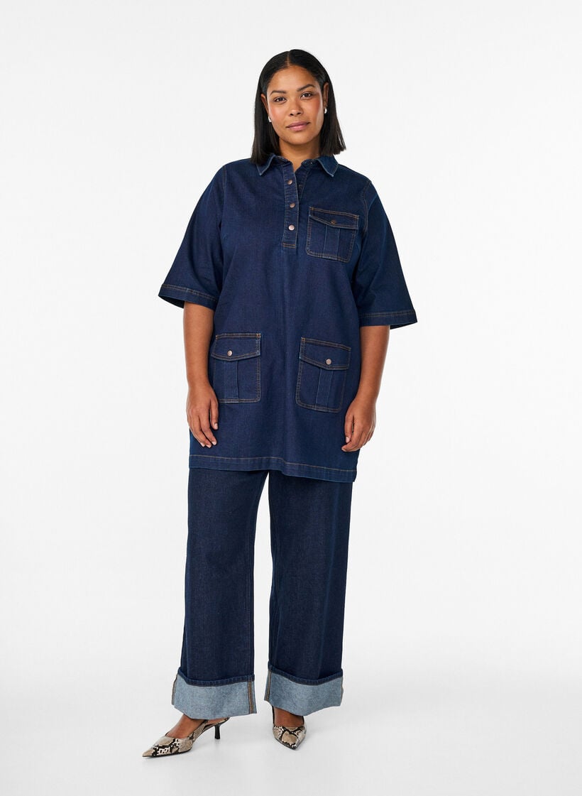 Jeanskl&auml;nning med stora fickor och 3/4-&auml;rm, Bl&aring;, Model image number 1