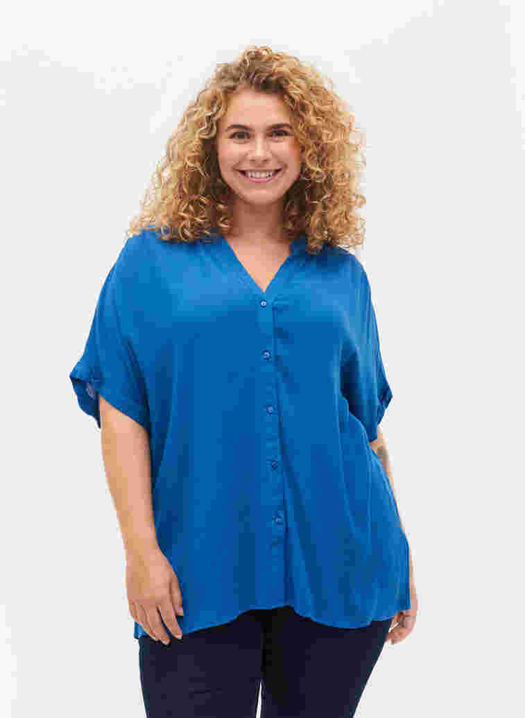 Kortärmad viskosskjorta med v-ringning, Classic Blue, Model image number 0