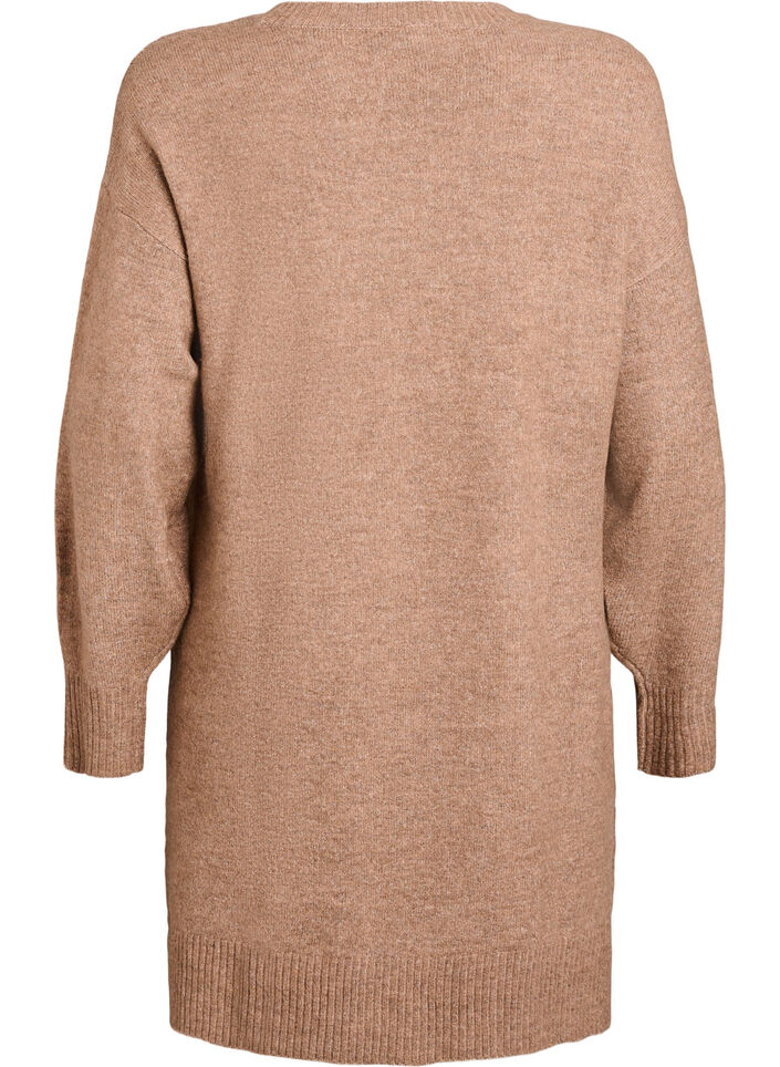 Kort stickad kl&auml;nning med v-format strukturm&ouml;nster, Brun, Packshot image number 1