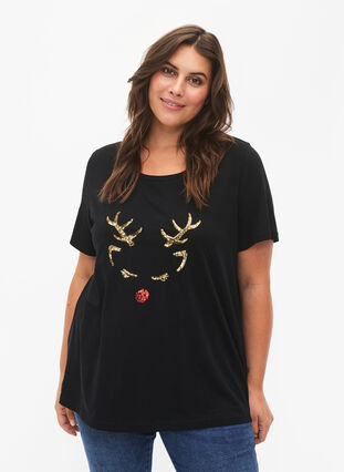 T-shirt med jultryck och paljetter, Black W. Reindeer, Model image number 0