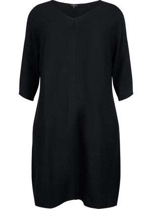 Ribbad klänning med trekvartsärm, Black, Packshot image number 0