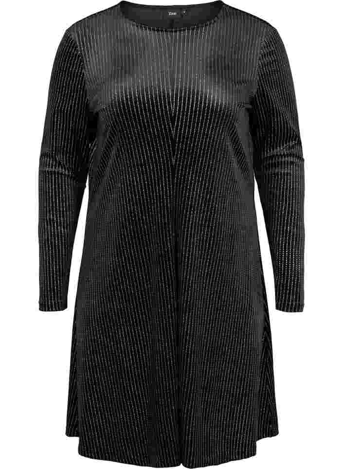 Glitterklänning i velour med långa ärmar, Black Silver Lurex, Packshot image number 0