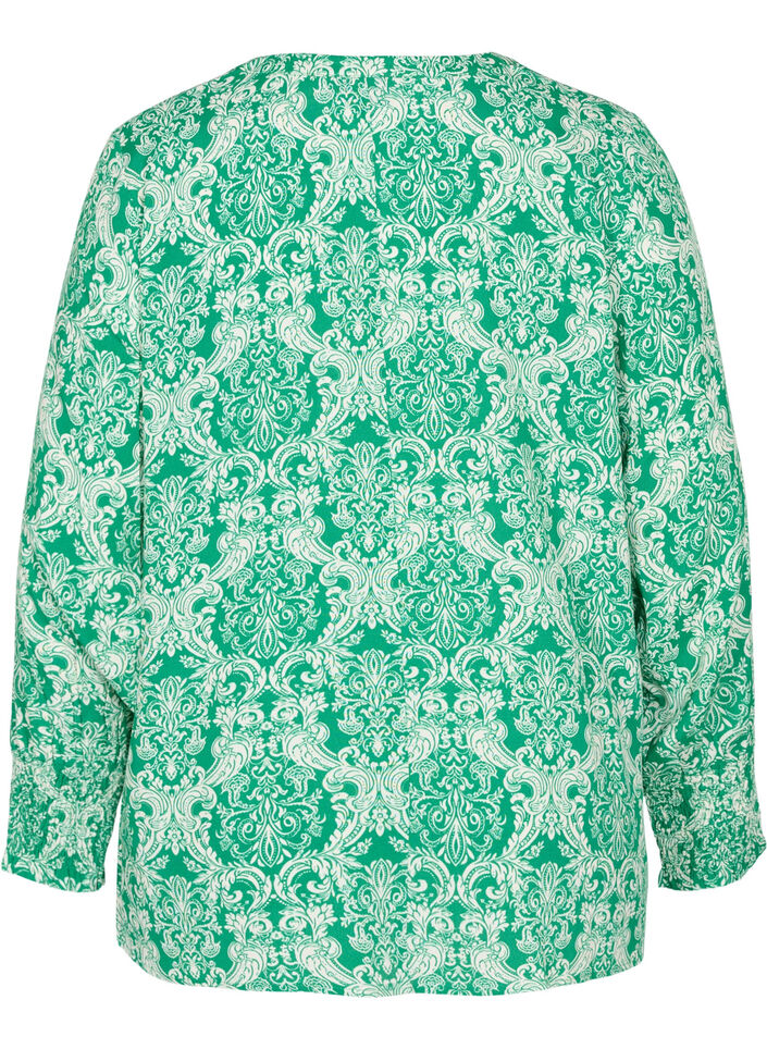 Mönstrad viskosblus med smock, Jolly Green Oriental, Packshot image number 1