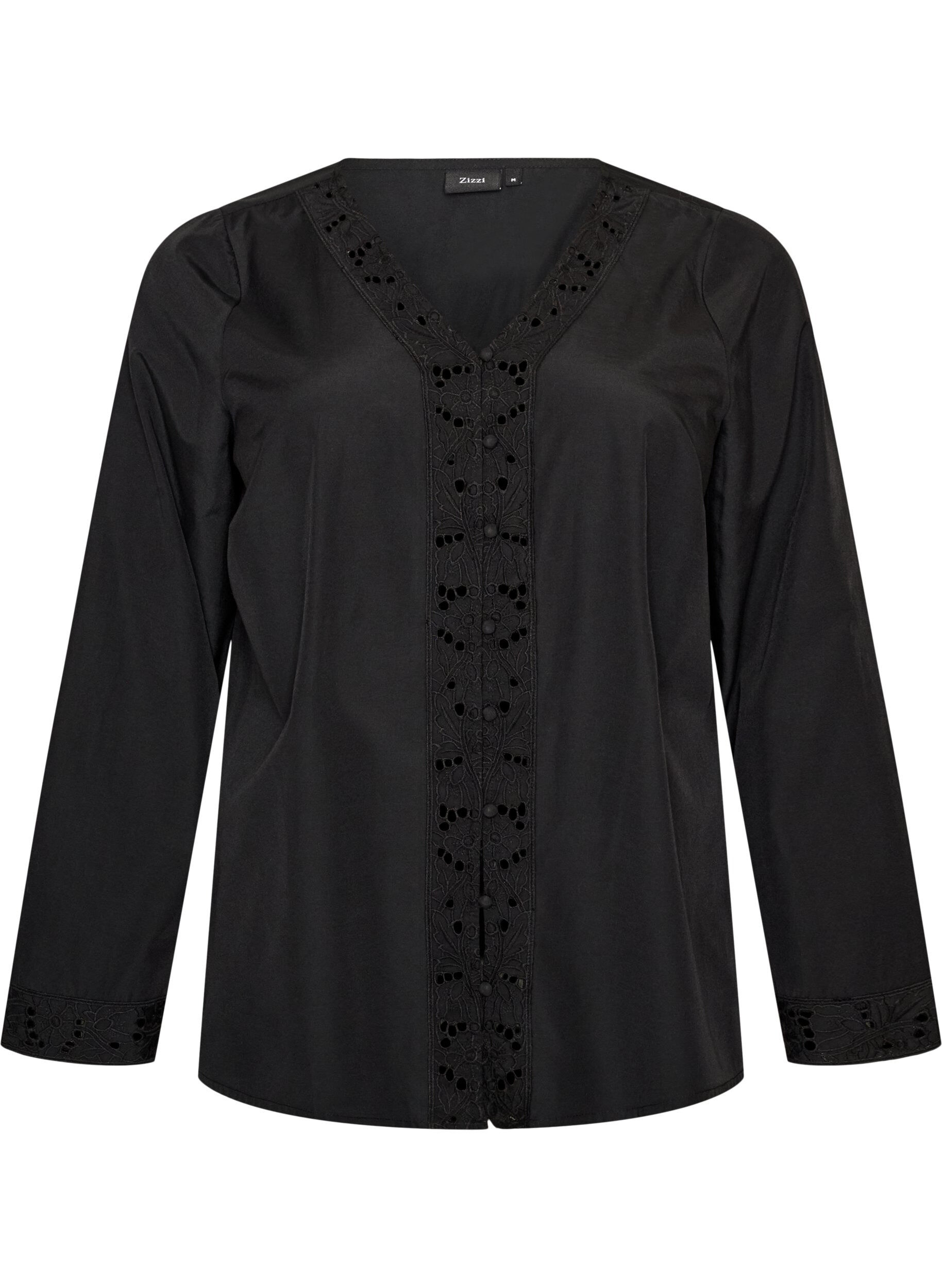 ZizziSkjortblus med broderie anglaise, Svart, Packshot image number 0
