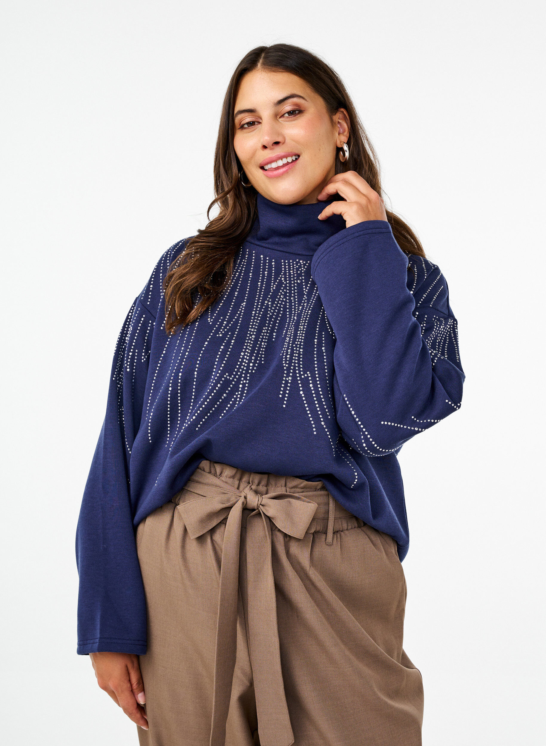 Zizzi Sweatshirt med h&ouml;g hals och strass, Naval Academy, Model image number 0