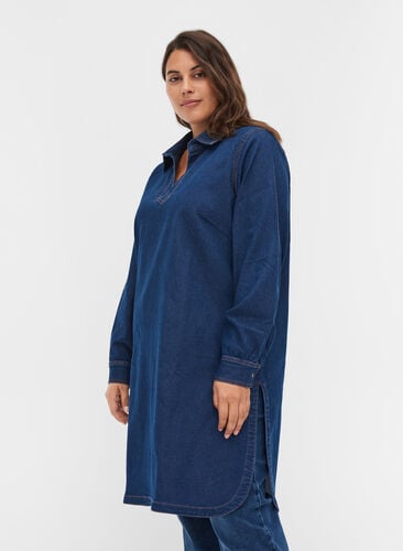 Denimklänning med slits och v-ringning, Blue denim, Model image number 0