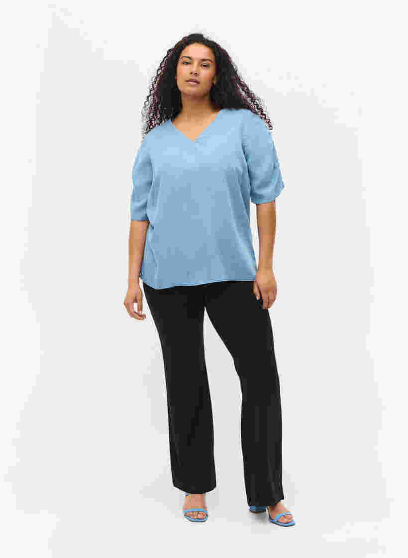 Blus med draperade ärmar, Light blue denim, Model image number 3