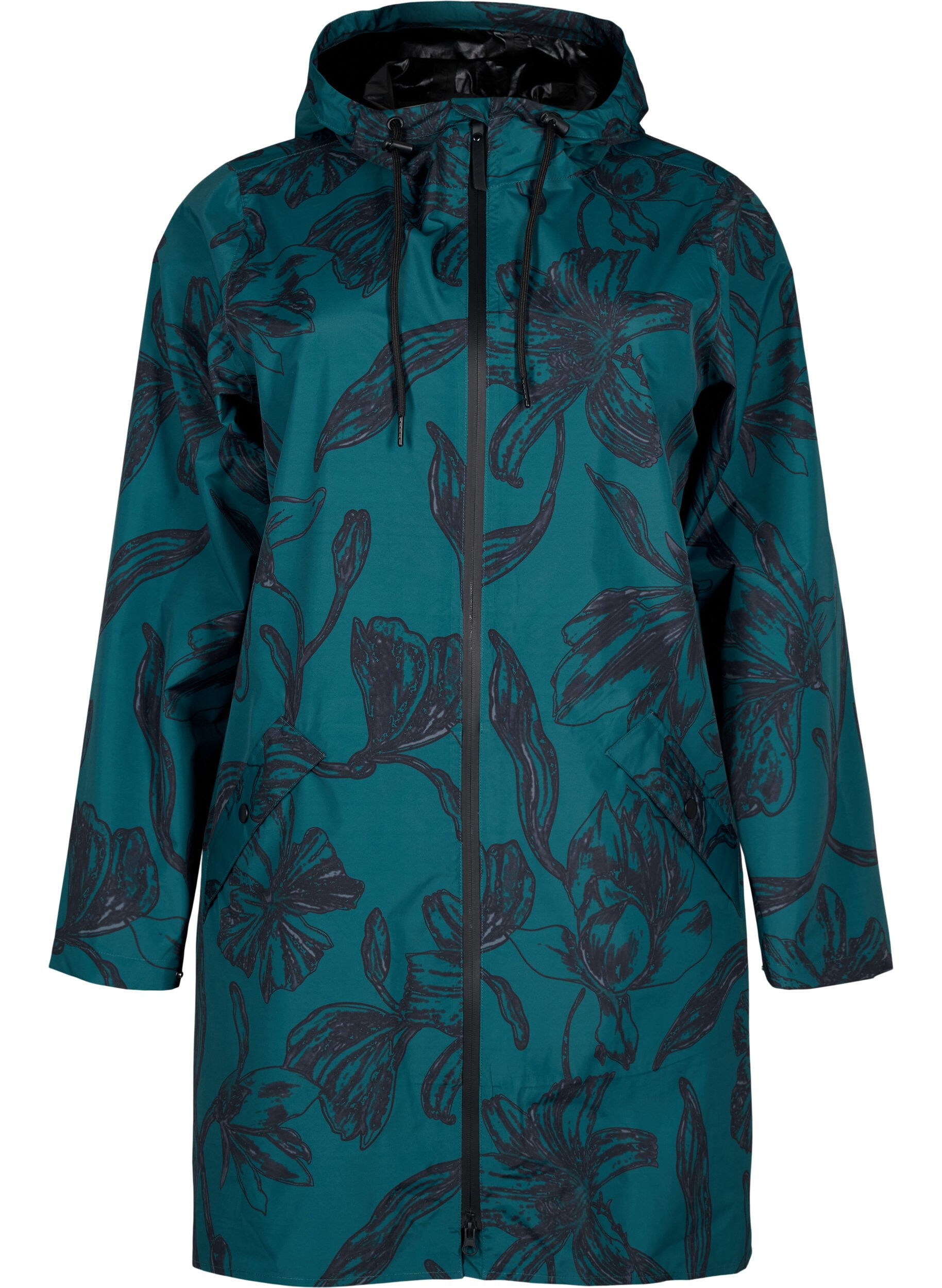 Zizzi Regnjacka med tryck, Deep Teal Black, Packshot image number 0