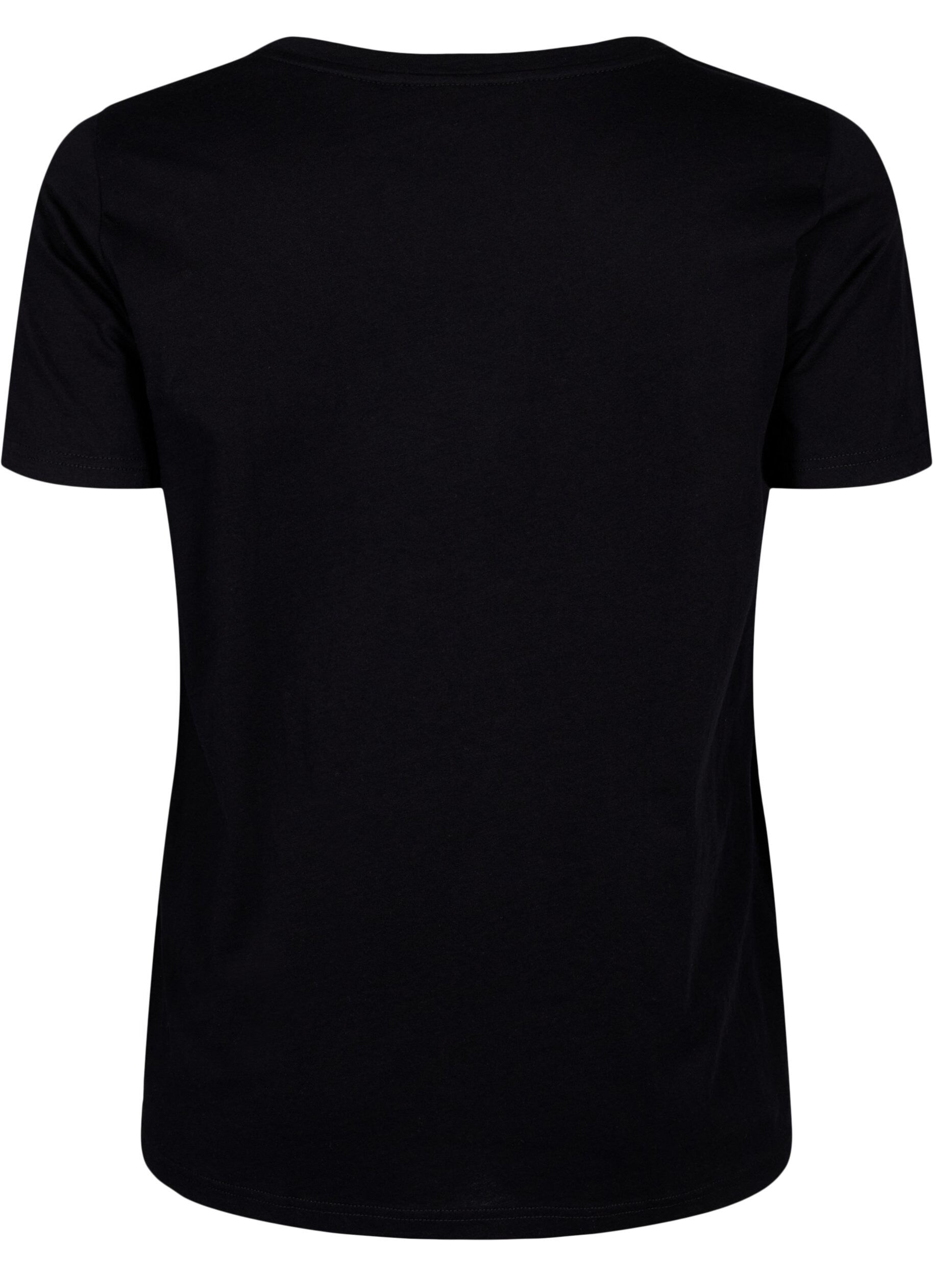 Zizzi T-shirt i bomull med motiv, Black w. Flower, Packshot image number 1