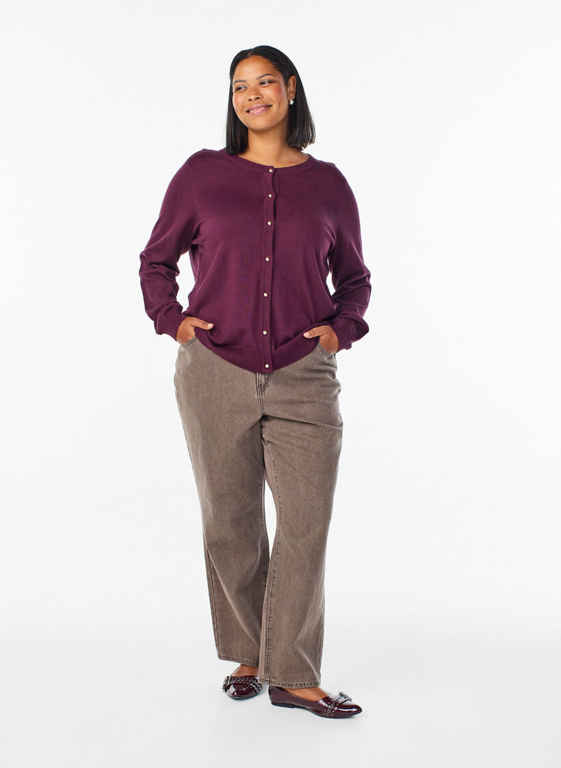 Finstickad kofta med kulknappar, Röd, Model image number 1