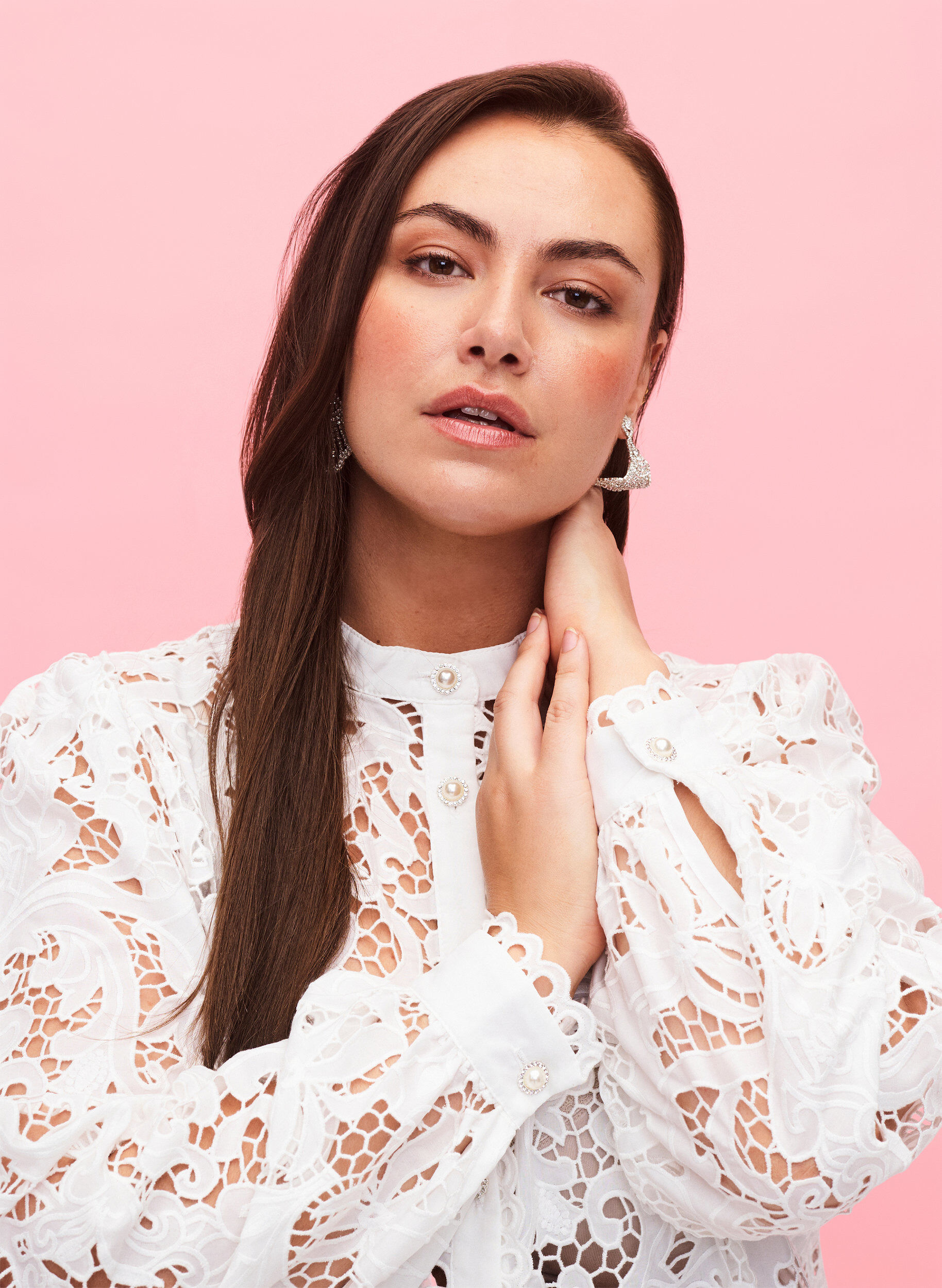 Zizzi L&aring;ng&auml;rmad skjortblus med spets, White, Model image number 2