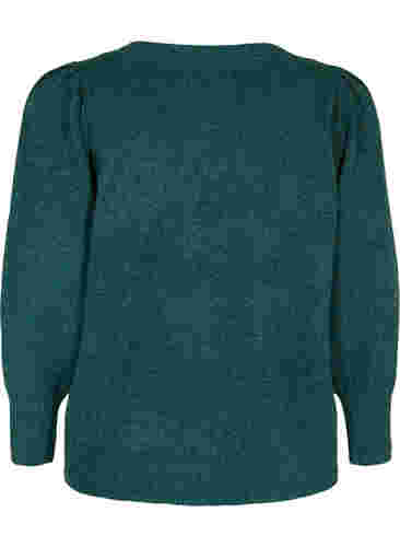 Melerad stickad tröja med puffärm och v-hals, Ponderosa Pine Mel., Packshot image number 1