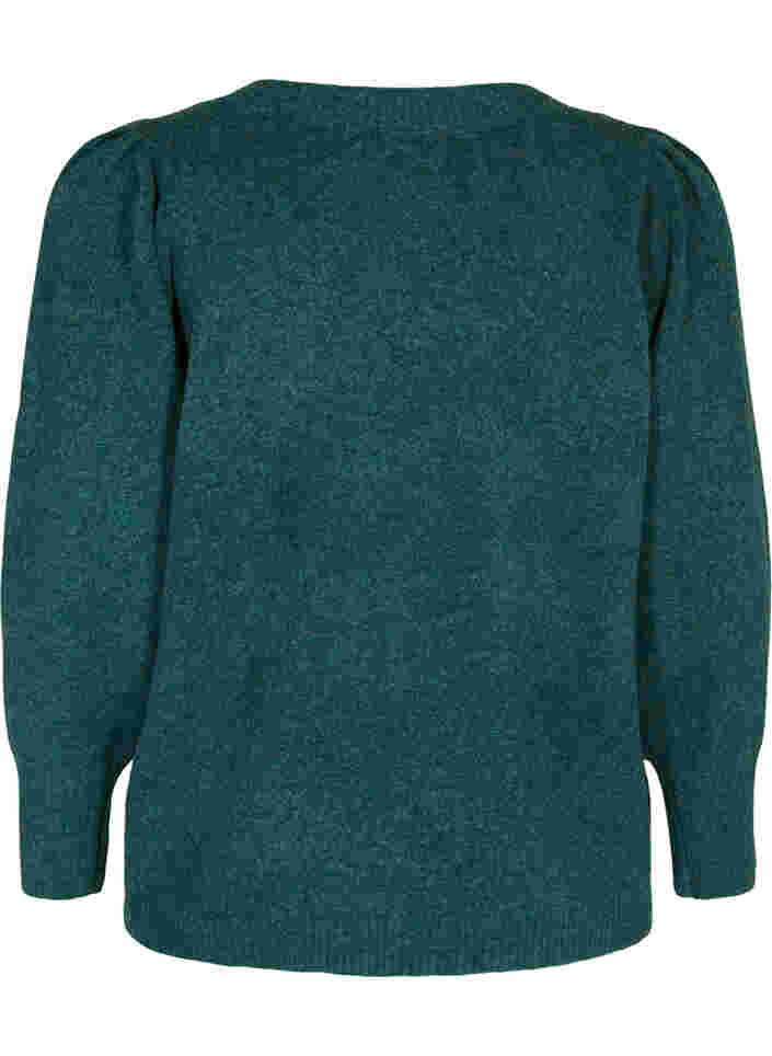 Melerad stickad tröja med puffärm och v-hals, Ponderosa Pine Mel., Packshot image number 1