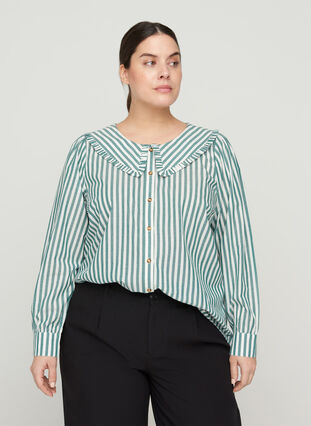 Randig skjorta i bomull, Green Stripe , Model image number 0