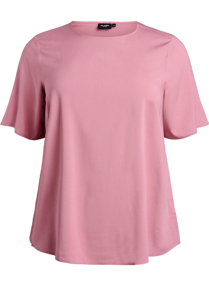 Kort&auml;rmad v&auml;vd blus med rund hals, Rosa, Packshot image number 0