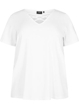 V-ringad t-shirt med snör-detaljer, Warm Off-white, Packshot image number 0