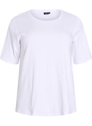 Blus i ribbad jersey med korta &auml;rmar, Vit