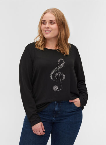 Långärmad tröja med dekorativt mönster, Black, Model image number 0