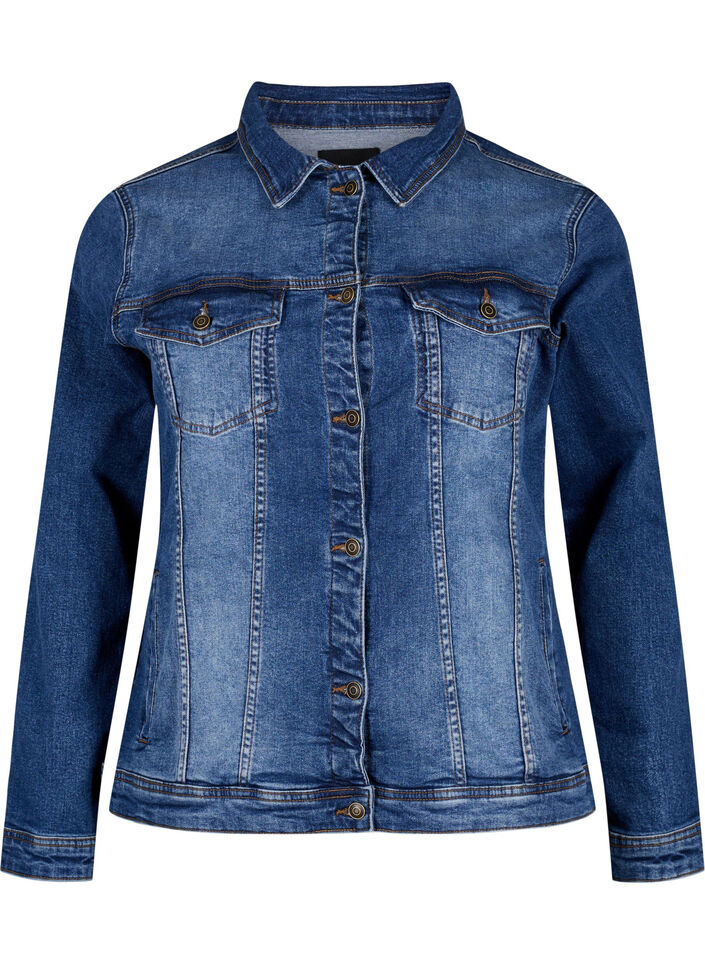 Kort denimjacka i bomull, Blue denim, Packshot image number 0