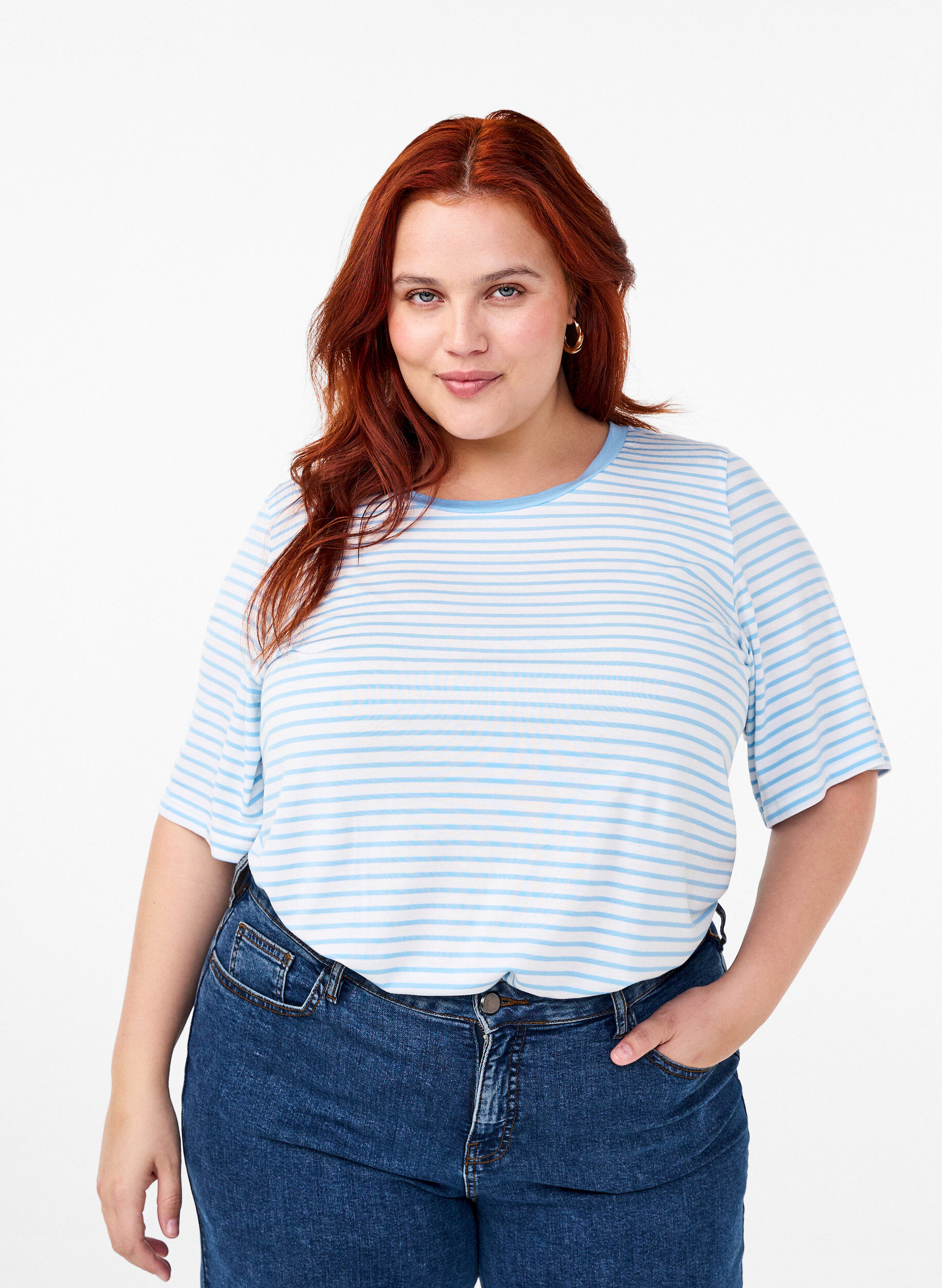 Zizzi Randig T-shirt i lyocell med rund hals, Bl&aring;, Model image number 0