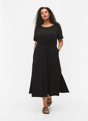 Midiklänning i bomull med korta ärmar, Black Solid, Model image number 0