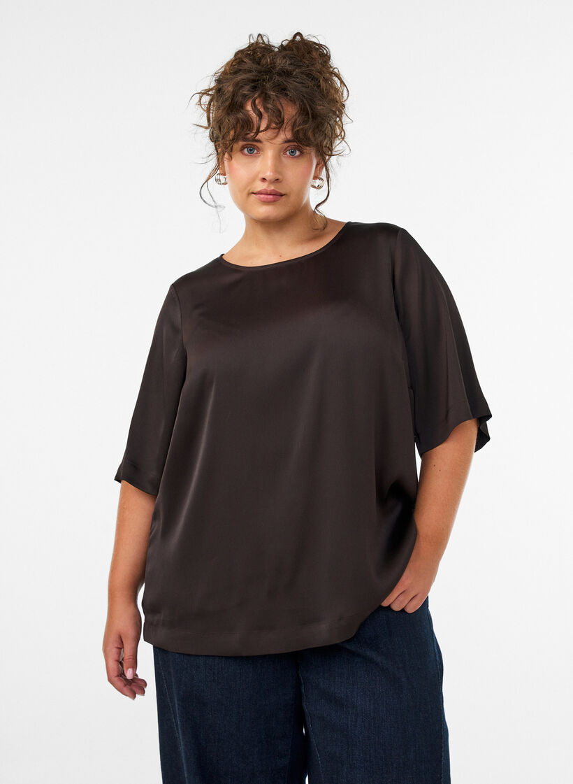 Blus i satin med armb&aring;gsl&aring;nga &auml;rmar, Brun, Model image number 0