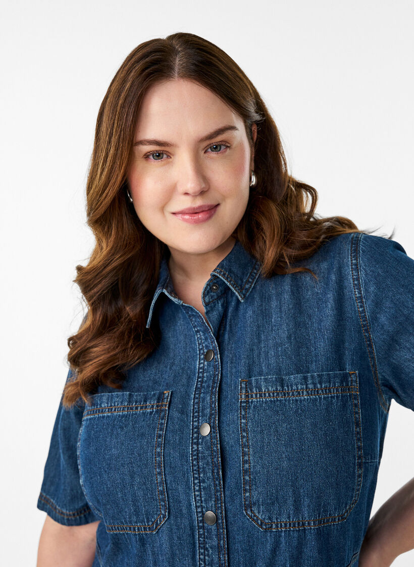 Skjortklänning i denim med korta ärmar, Blå, Model image number 2