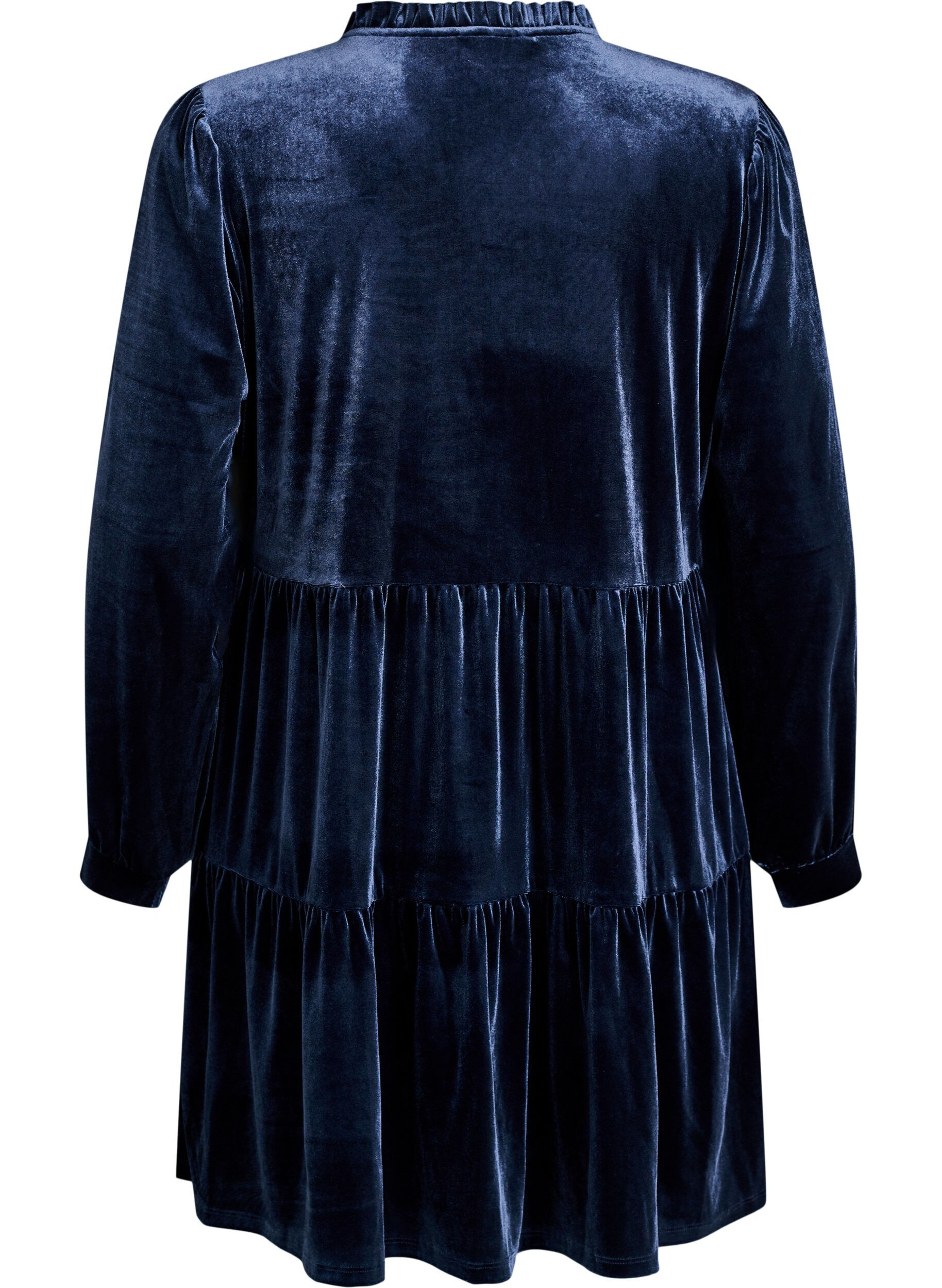 ZizziKort kl&auml;nning i velour med volangkrage och l&aring;nga &auml;rmar, Bl&aring;, Packshot image number 1