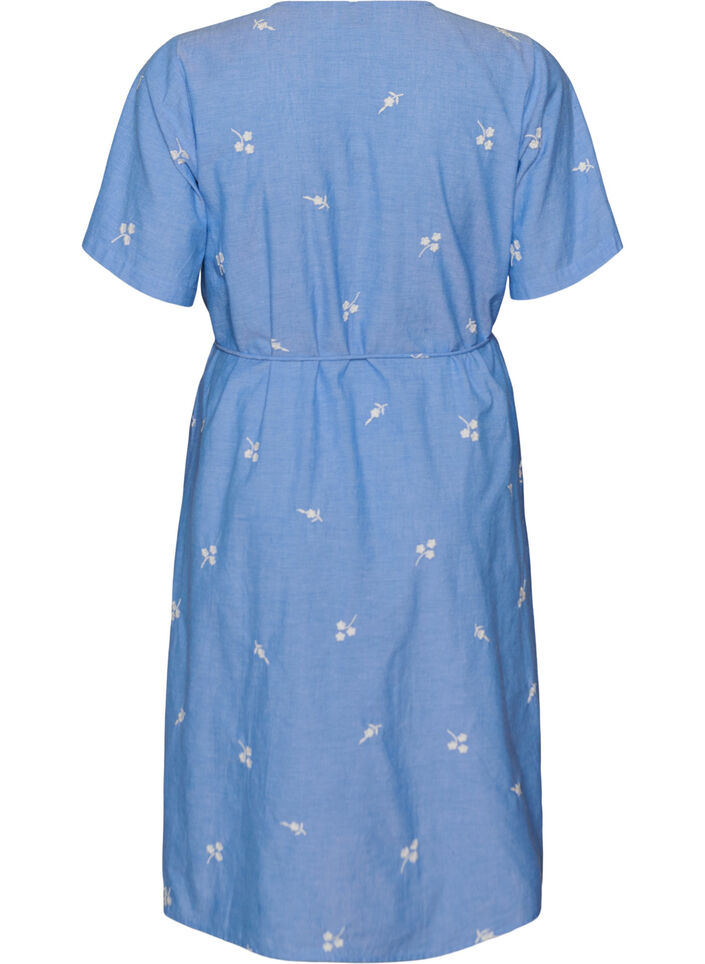 Skjortkl&auml;nning i bomull med broderade blommor, Bl&aring;, Packshot image number 1