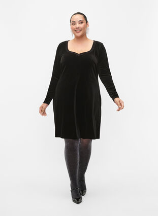 Klänning i velour med långa ärmar, Black, Model image number 3