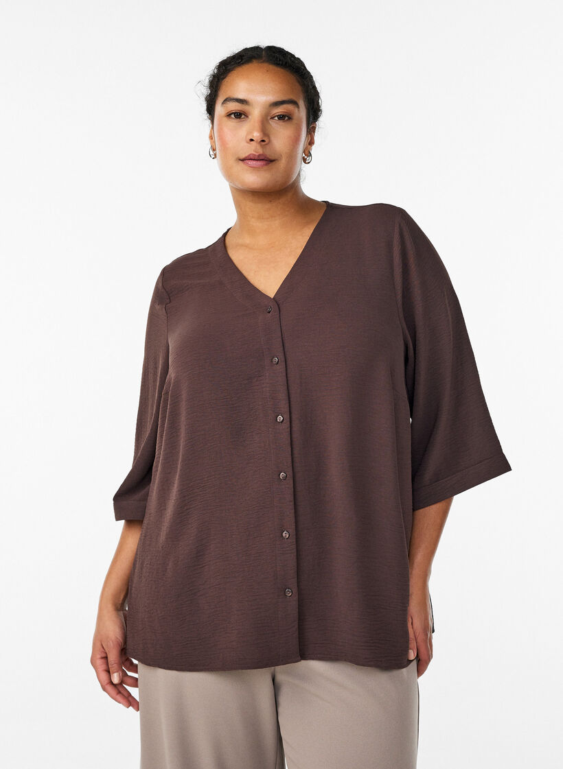 Skjortblus med v-ringning och 3/4-&auml;rm, Brun, Model image number 0