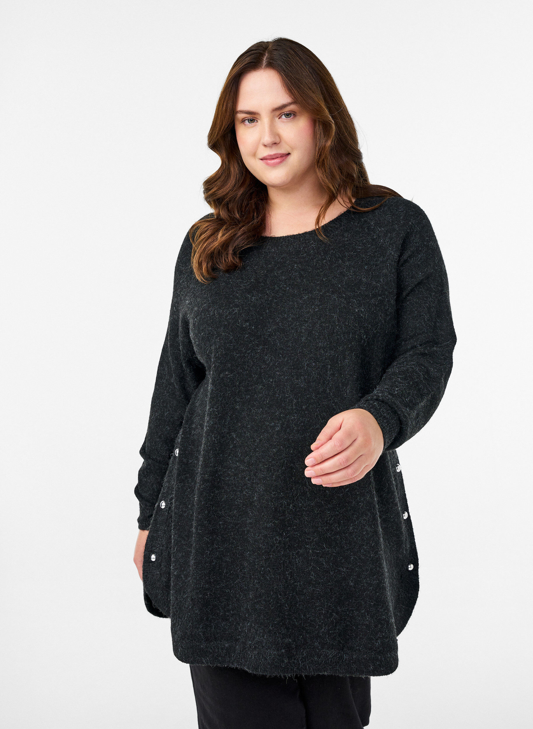 L&aring;ng stickad blus med kulknappar, Gr&aring;, Model