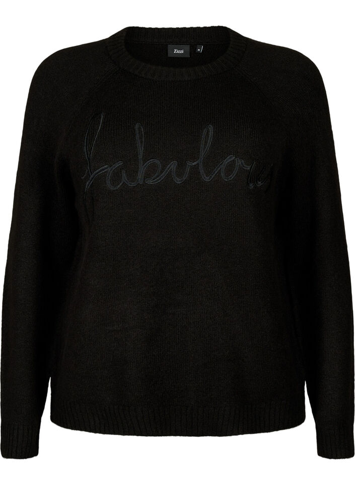 Stickad blus med broderad text, Black/Black, Packshot image number 0