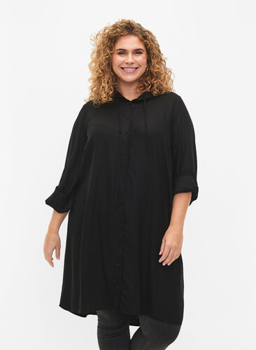 Skjortklänning i viskos med luva och trekvartsärmar, Black, Model image number 0