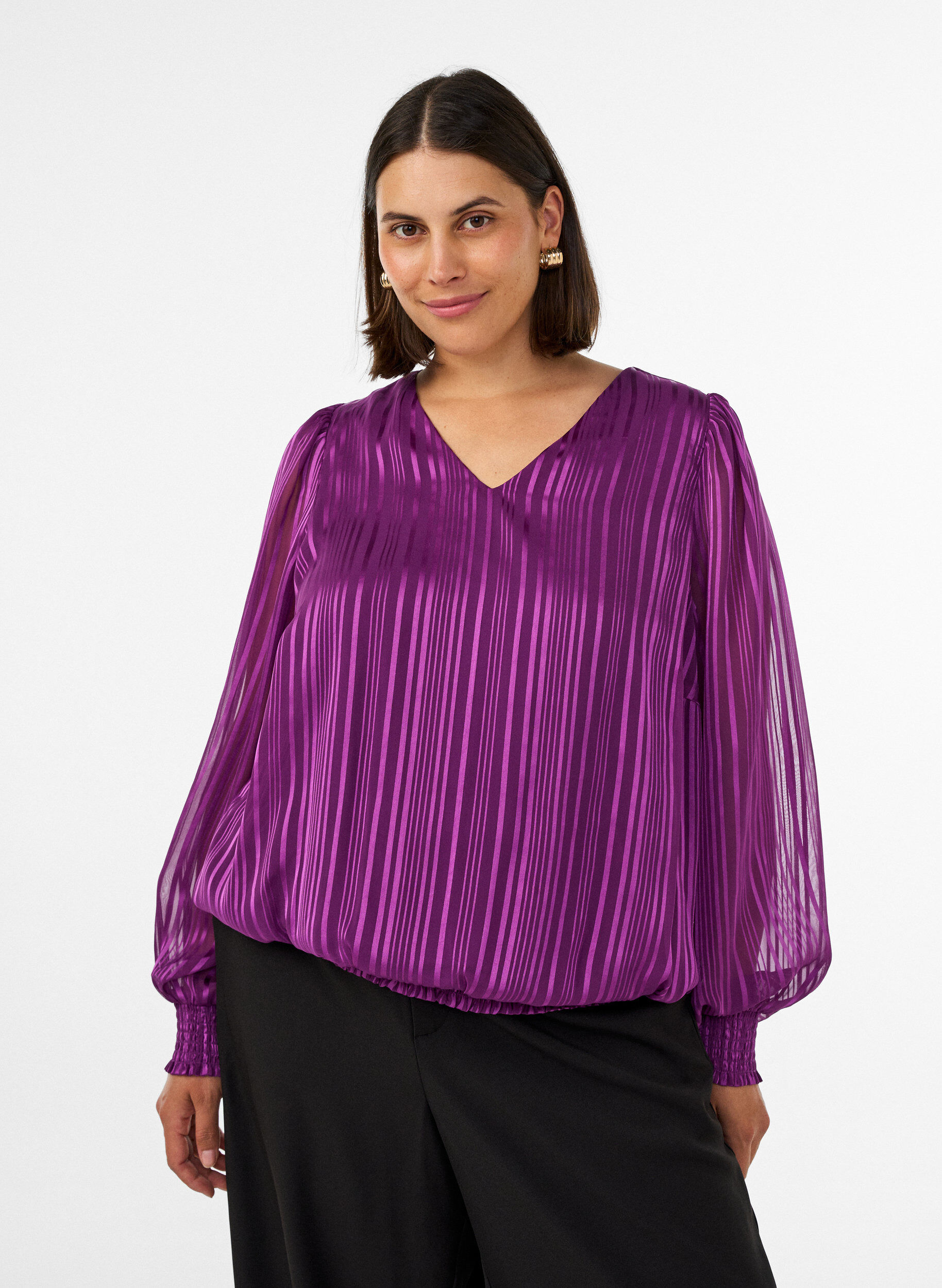 Randig blus med ballongform, Lila, Model