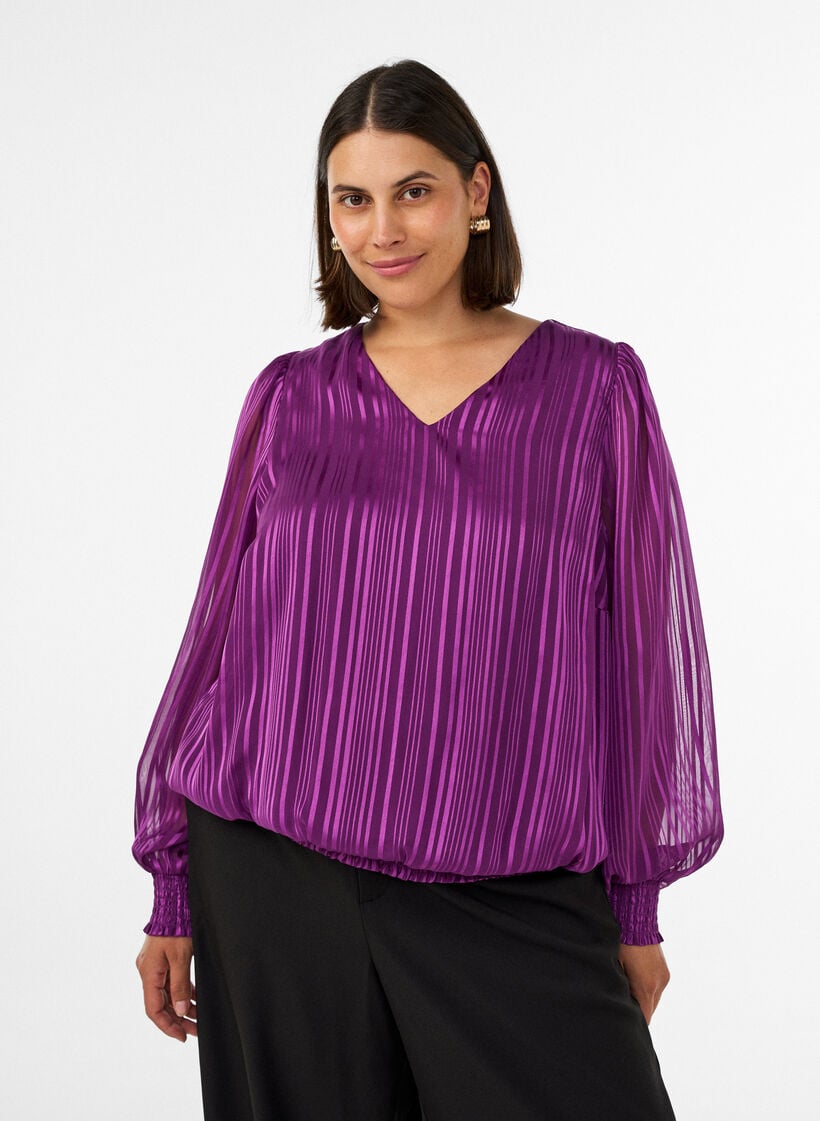 Randig blus med ballongform, Lila, Model image number 0