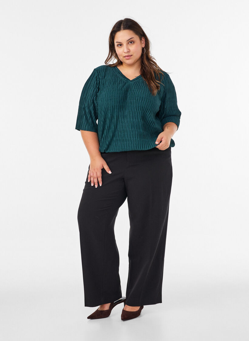 Blus med v&aring;gig struktur och ballongform, Gr&ouml;n, Model image number 1
