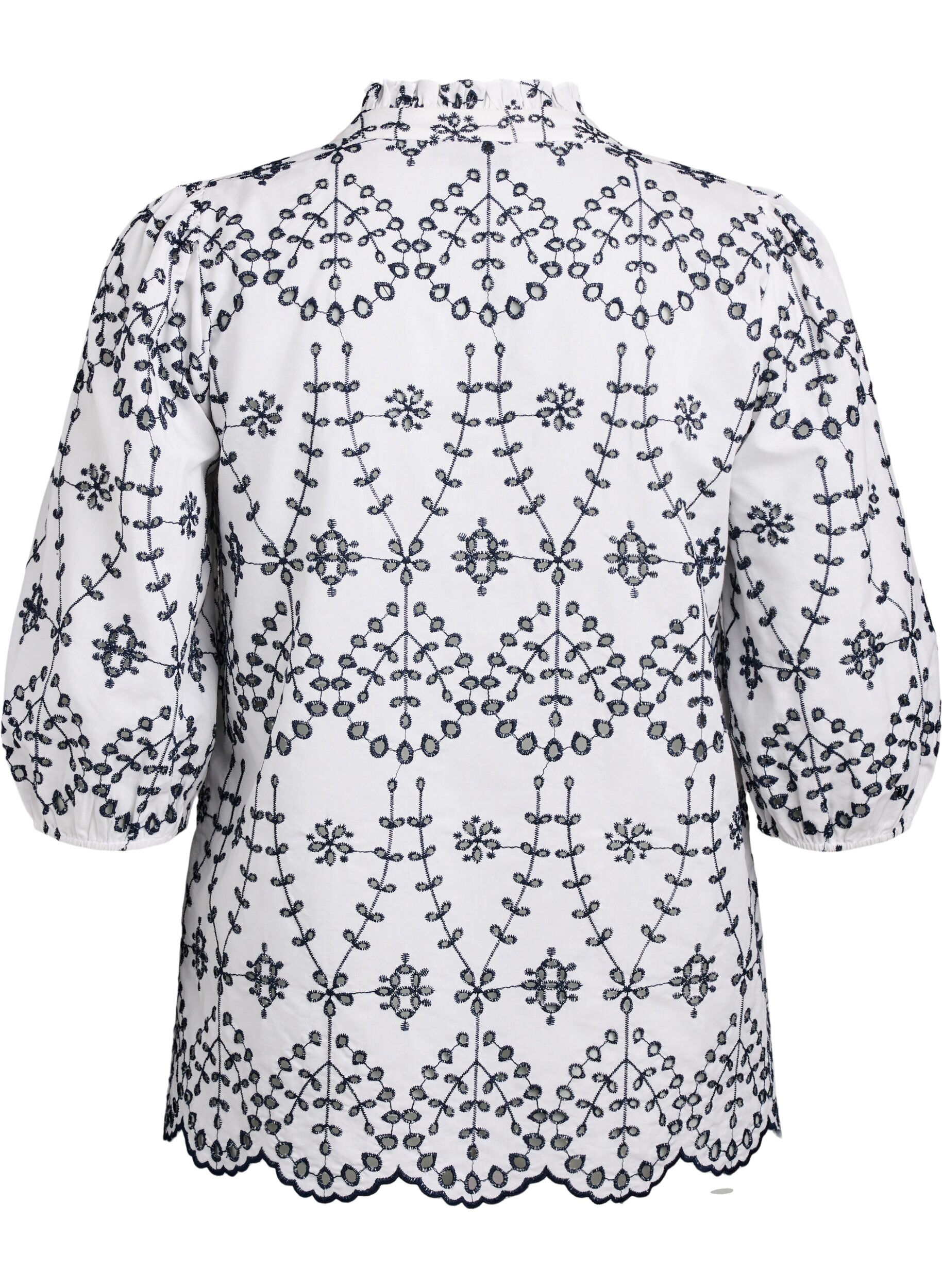 Zizzi Blus med 3/4-&auml;rm och broderie anglaise-detaljer, Vit, Packshot image number 1